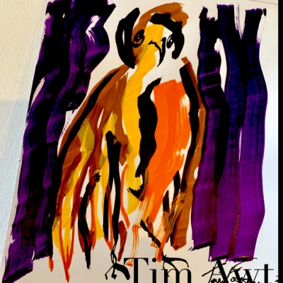 Image of Tim's artwork. An owl with broad brush strokes orange, yellow and brown. Either side of the owl are long purple and black brush strokes